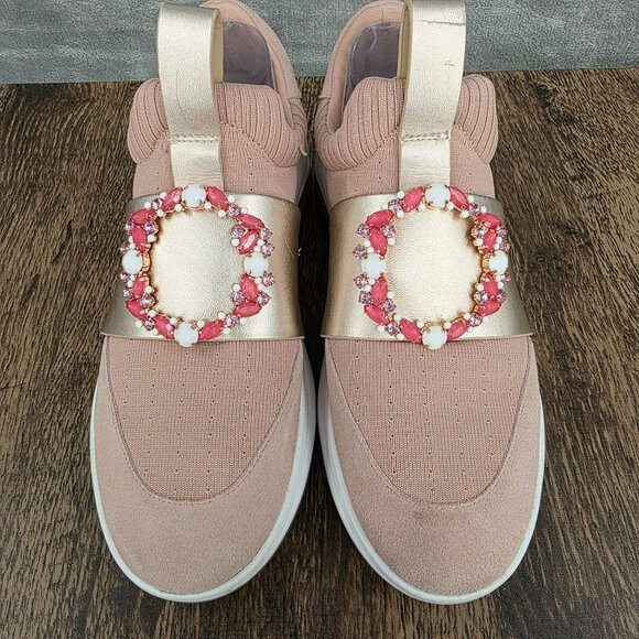 Karl Lagerfeld Charlee Slip On Sneakers 8 Gold Blush Pink Stretch Knit Crystals - Picture 5 of 16